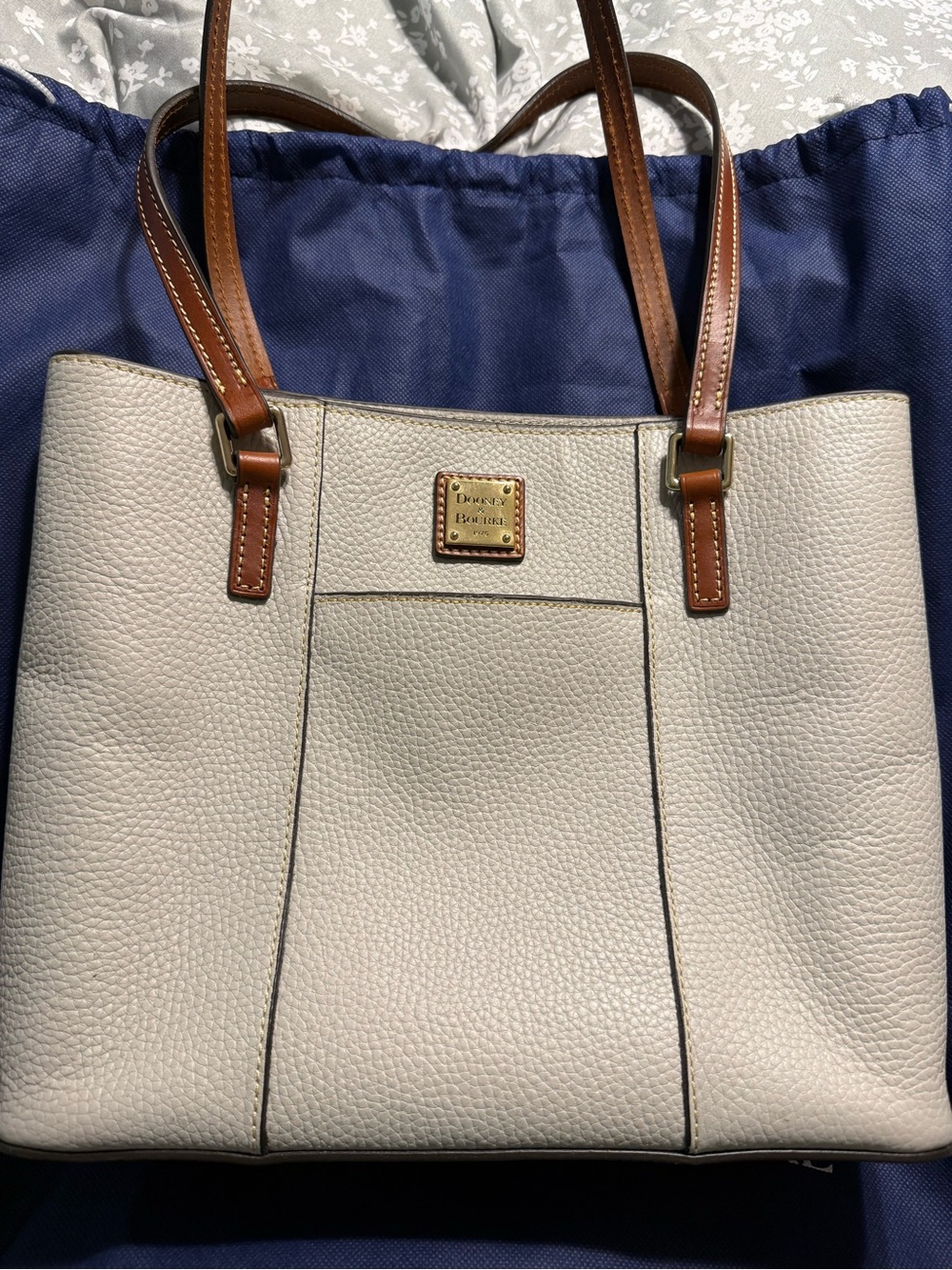 Dooney & Bourke Cream Pebbled Leather Tote with Brown Handles